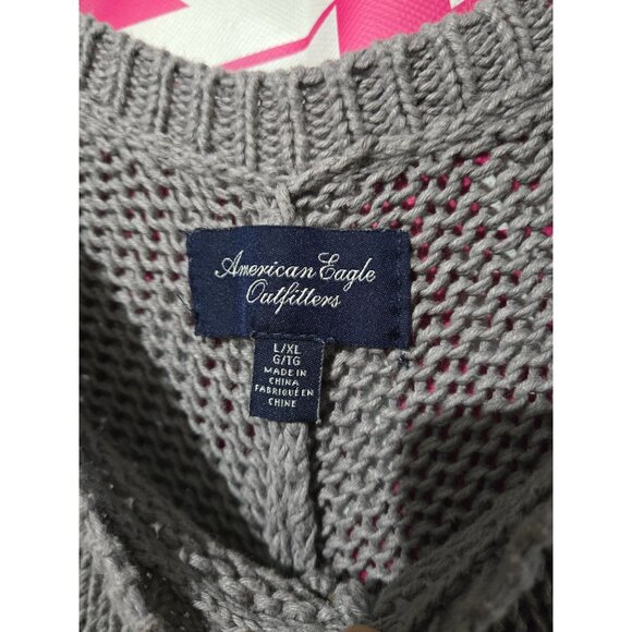 American Eagle Outfitters Women Gray Wool Blend Knit Fringed Poncho Sweater L/XL - Picture 4 of 8